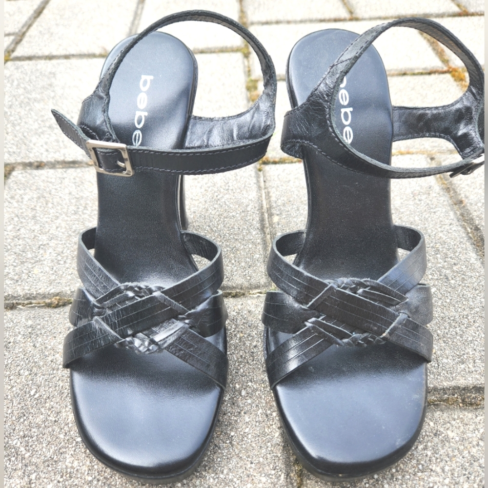 BEBE Black Woven Leather Platform High Heel Ankle Strap Sandals 8